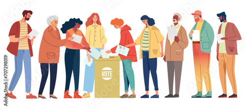 Diverse people different ages voters casting ballots at polling station during voting people putting paper ballot in box. Election, Democracy, Freedom of speech, justice voting and opinion. Referendum