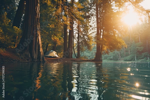 Enchanted Forest Getaway: Discover the idyllic charm of a lakeside scene, featuring a tent nestled among majestic redwood trees, as the setting sun casts a warm glow, creating reflections that dance a