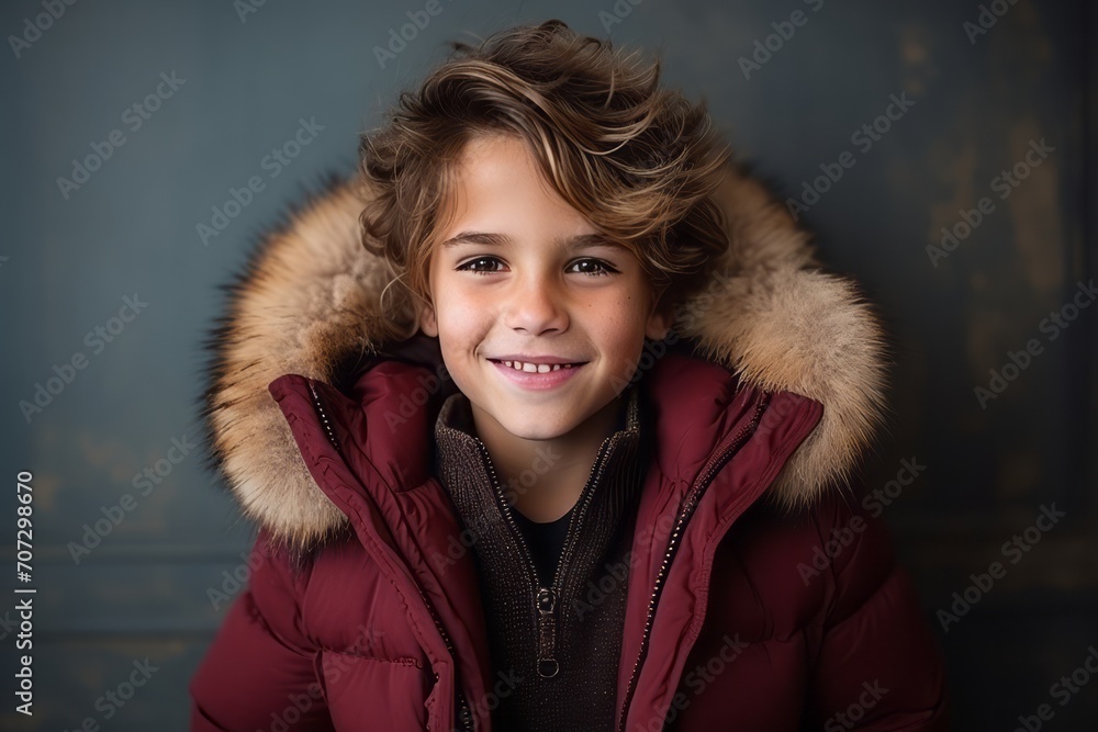 Portrait of a smiling little boy in a warm jacket with fur Portrait of a smiling little boy in a warm jacket with fur