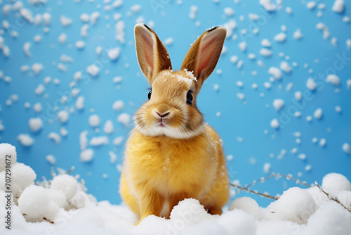 Rabbit in the snow on blue background