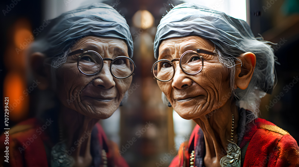 Portrait of an old asian woman with brown hair, close up