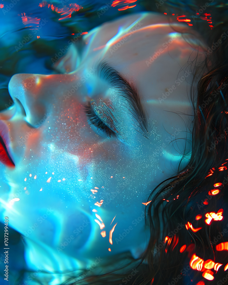 Chromatic Beauty: Close-Up of Stunning Woman Enhanced with Striking Blue and Red Color Effects - A Fusion of Vibrant Hues Creating a Mesmerizing Portrait - Generative AI