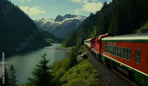 green and red train in the mountains train.