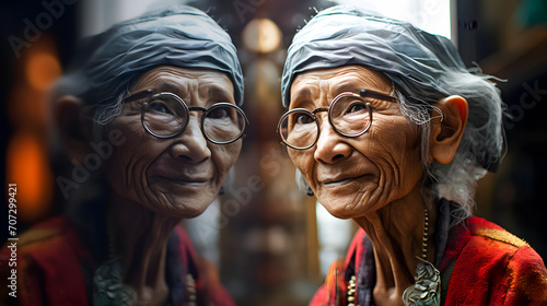 Portrait of an old asian woman with brown hair  close up