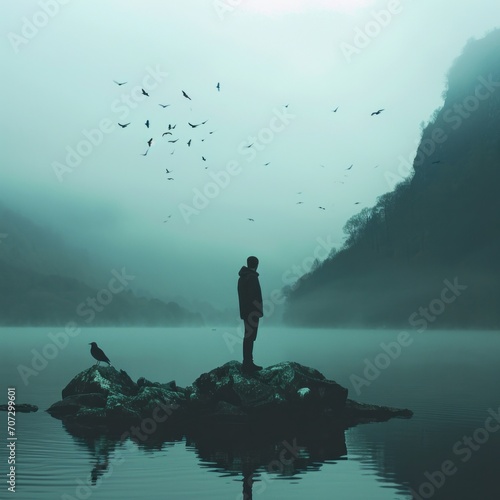 man standing on rock with birds flying.