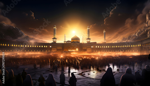 Illustration Muslim pilgrims from all over the world gathered to perform Umrah or Hajj at the Haram Mosque in Mecca, Saudi Arabia