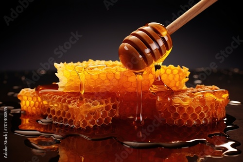 Honeycomb with honey and honey dipper on black background