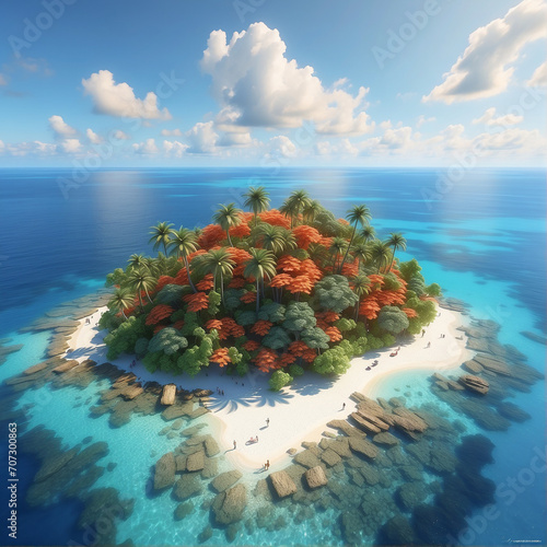 A coral island in the middle of the ocean, somewhere on the equator, a resort. photo