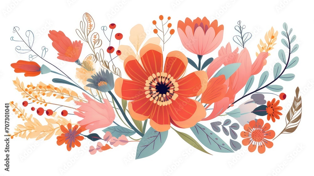 Floral bouquet with colorful flowers and leaves.