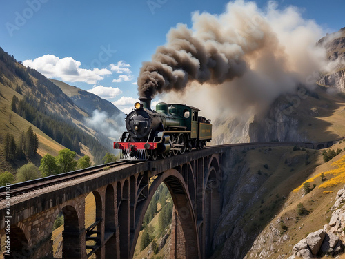 a vintage steam train, going full throttle over a bridge in mountainous terrain.