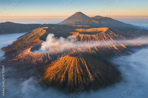 Mount Bromo in beautiful sunrise, with sea of cloud. An active volcano in Java, Indonesia
