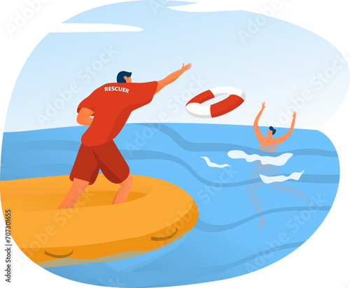 Lifeguard throwing lifebuoy to drowning person in sea. Rescue operation at beach. Emergency response and water safety vector illustration.
