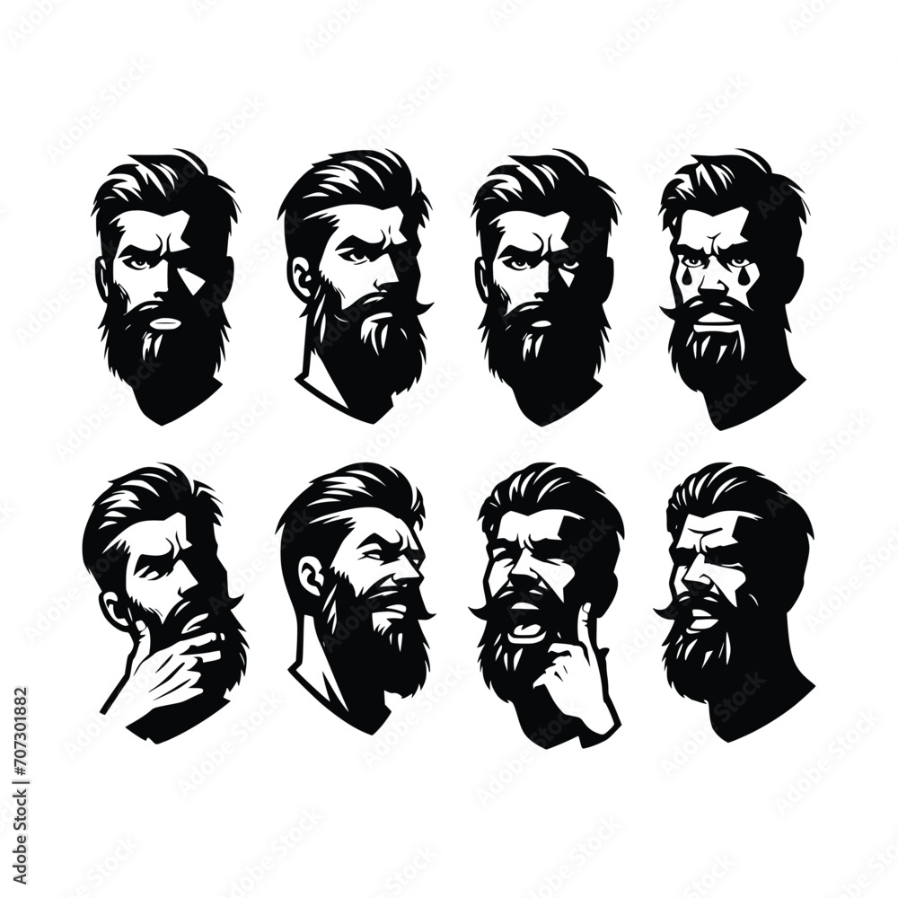 set of bearded man face hipster with various emotions vector silhouette black and white set of bearded man face hipster with various emotions vector silhouette black and white