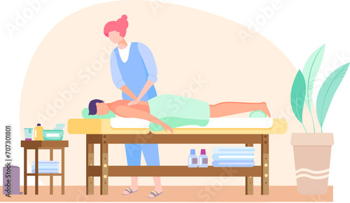 Female masseuse gives back massage to client in spa. Relaxing spa treatment with woman therapist. Wellness and self-care vector illustration.