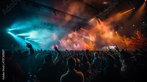 Festival Vibes: Electric Night of Music and Celebration - Enthusiastic Crowd at Outdoor Concert with Festive Lights, AI-Generated