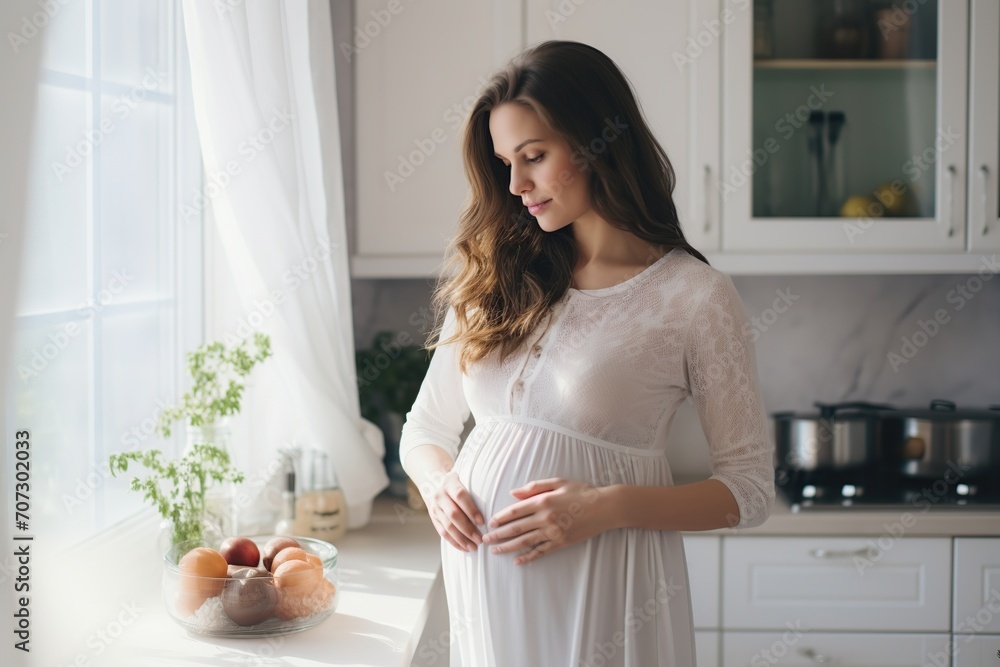 Young beautiful pregnant woman standing in kitchen