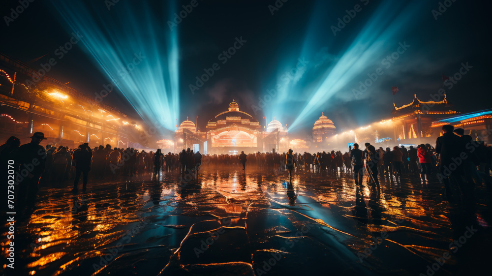 Festival Vibes: Electric Night of Music and Celebration - Enthusiastic Crowd at Outdoor Concert with Festive Lights, AI-Generated