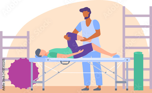 Female patient doing leg exercise with male physiotherapist assistance. Rehabilitation therapy session in clinic. Physical rehabilitation and recovery exercise vector illustration.