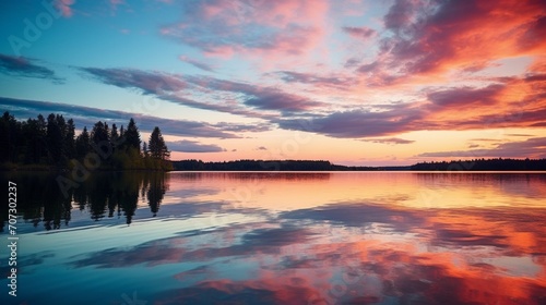 A serene, pastel-hued sunset over a calm, reflective lake.