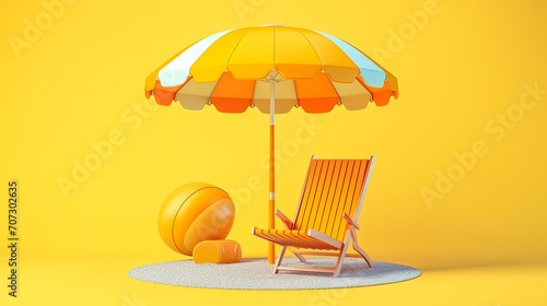 A vibrant yellow background adorned with a sun lounger  parasol  and inflatable ball