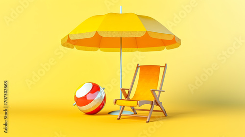 A vibrant yellow background adorned with a sun lounger, parasol, and inflatable ball