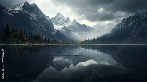 A serene, reflective lake nestled among towering mountains, its surface like a polished mirror.