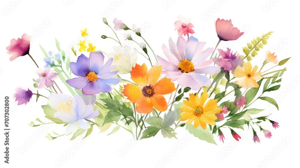 Watercolor bouquet of colorful spring flowers on white background.