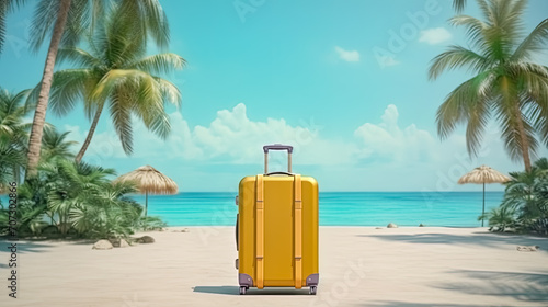 Escape to paradise with a yellow suitcase resting on a sandy beach © Алла Морозова
