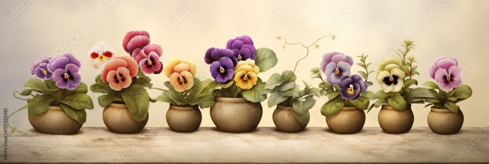 Colorful multicolored flowers Pansies in a pot on the table on the background of a colored wall, banner