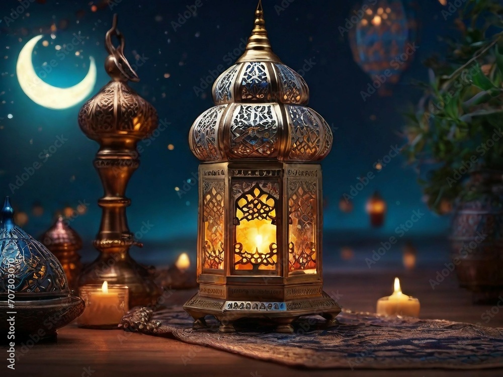 Muslim lamp and RAMADAN KAREEM on light background Muslim lamp and RAMADAN KAREEM on light background