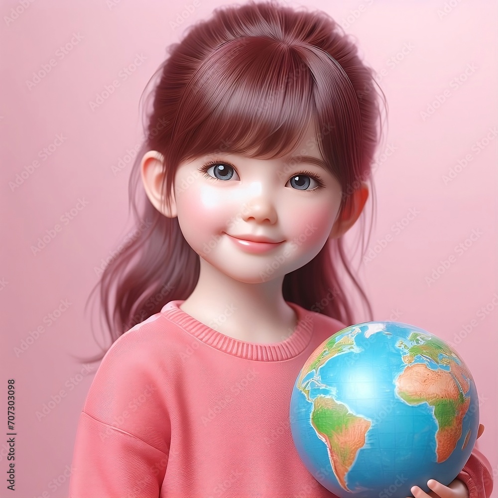 World education day January 24, portrait of a little girl and her unicorn in pink colour pallette pink background World education day January 24, portrait of a little girl and her unicorn in pink colour pallette pink background