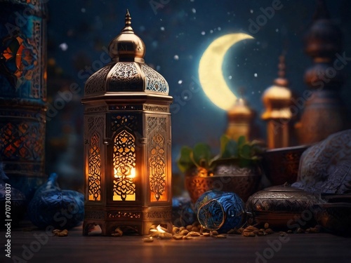 Muslim lamp and RAMADAN KAREEM on light background