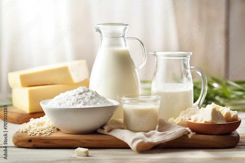Fresh dairy products on wooden table Fresh dairy products on wooden table