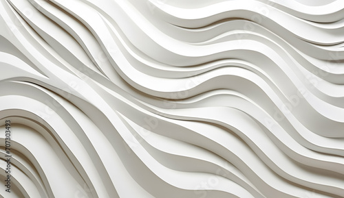 White modern chair in a room with a white wall surface with waves in white colors background. 3D Rendering abstract wavy