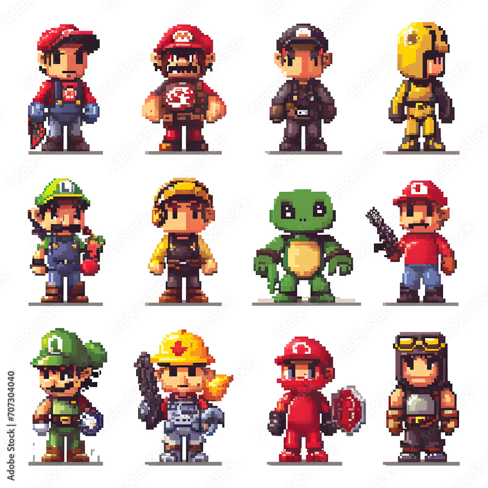 Pixel Art Retro Video Game Characters Isolated On White Background Pop 