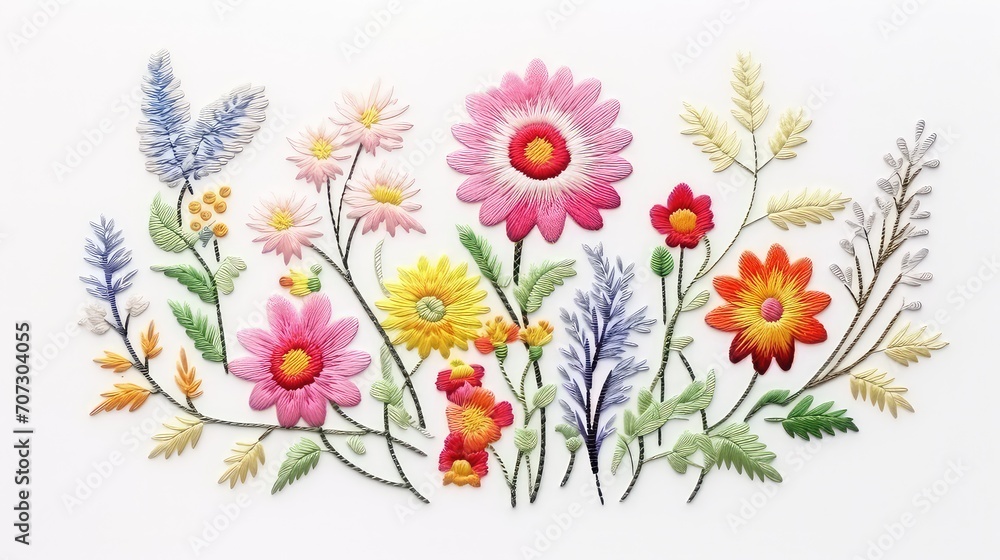 Handmade embroidery colorful flowers on white background. Handmade.