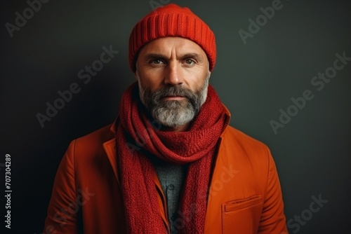 Portrait of a bearded man in a red hat and coat. Studio shot. © Iigo