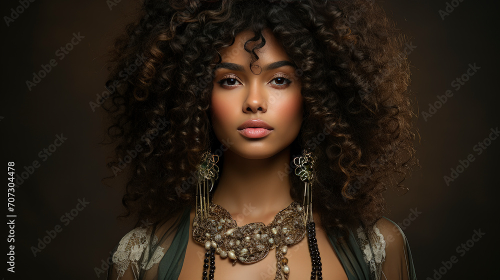 Portrait of Elegance: Stunning Curly Hairstyle, Expressive Eyes, and Subtle Makeup in Warm Tones, Sophisticated Style with Floral Accents - AI Generated Portrait of Elegance: Stunning Curly Hairstyle, Expressive Eyes, and Subtle Makeup in Warm Tones, Sophisticated Style with Floral Accents - AI Generated