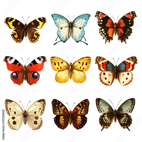 Vintage-inspired butterfly collection isolated on white background, pop-art, png
