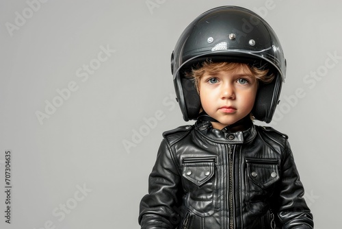 portrait of a little boy biker in a protective helmet in a black leather jacket, a male child in a motocross helmet on a light studio background