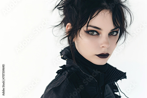 Portrait of a young woman in cyberpunk style with black clothes  hair  black lipstick on a white background. Modern subculture  Gothic costume