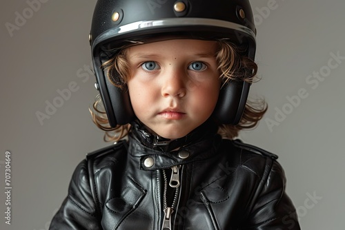 portrait of a little boy wearing a safety helmet in a black leather jacket, a male child wearing a motocross helmet. Biker boy wearing a motocross helmet on a light studio background