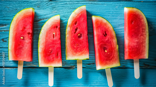 Watermelon fruit slices on a blue pastel background