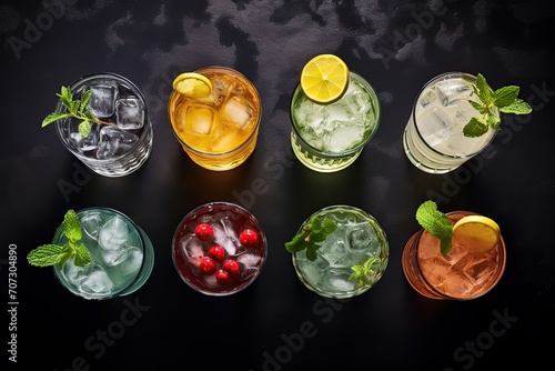 Flat lay of different alcohol cocktails on grey background