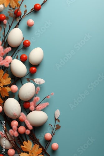 Easter holiday concept. Easter picture  multi-colored eggs  spring flowers on a red background. Happy Easter