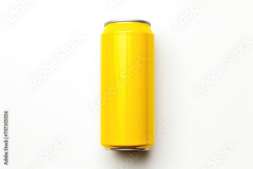 Metal can with yellow paint on white background