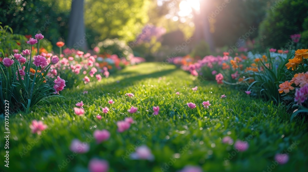 Beautiful well-kept spring garden. The green lawn emphasizes the full bloom of flowers in the mixborder. Diverse floral spectrum of tulips, daffodils, hyacinths. - obrazy, fototapety, plakaty 