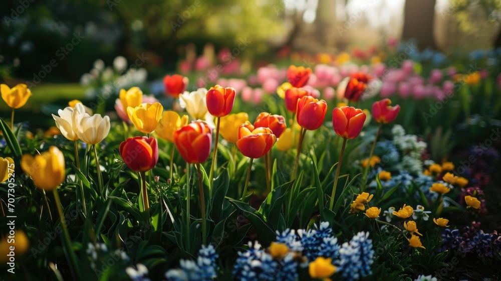 Fototapeta premium Beautiful well-kept spring garden. The green lawn emphasizes the full bloom of flowers in the mixborder. Diverse floral spectrum of tulips, daffodils, hyacinths.