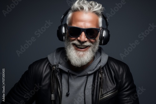 Portrait of a stylish senior man with grey beard wearing sunglasses and headphones.