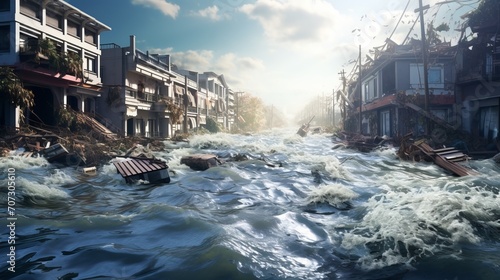 Flooded street of the town. Climate change and natural disasters concept.